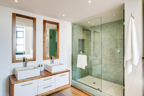 Regadera, secadora de cabello, toallas