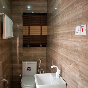 Bidet, towels, soap, shampoo