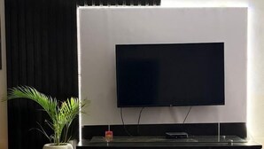 Un saló modern amb un televisor de pantalla plana muntat a una paret blanca, una planta gran en test i un moble de televisió de disseny minimalista.