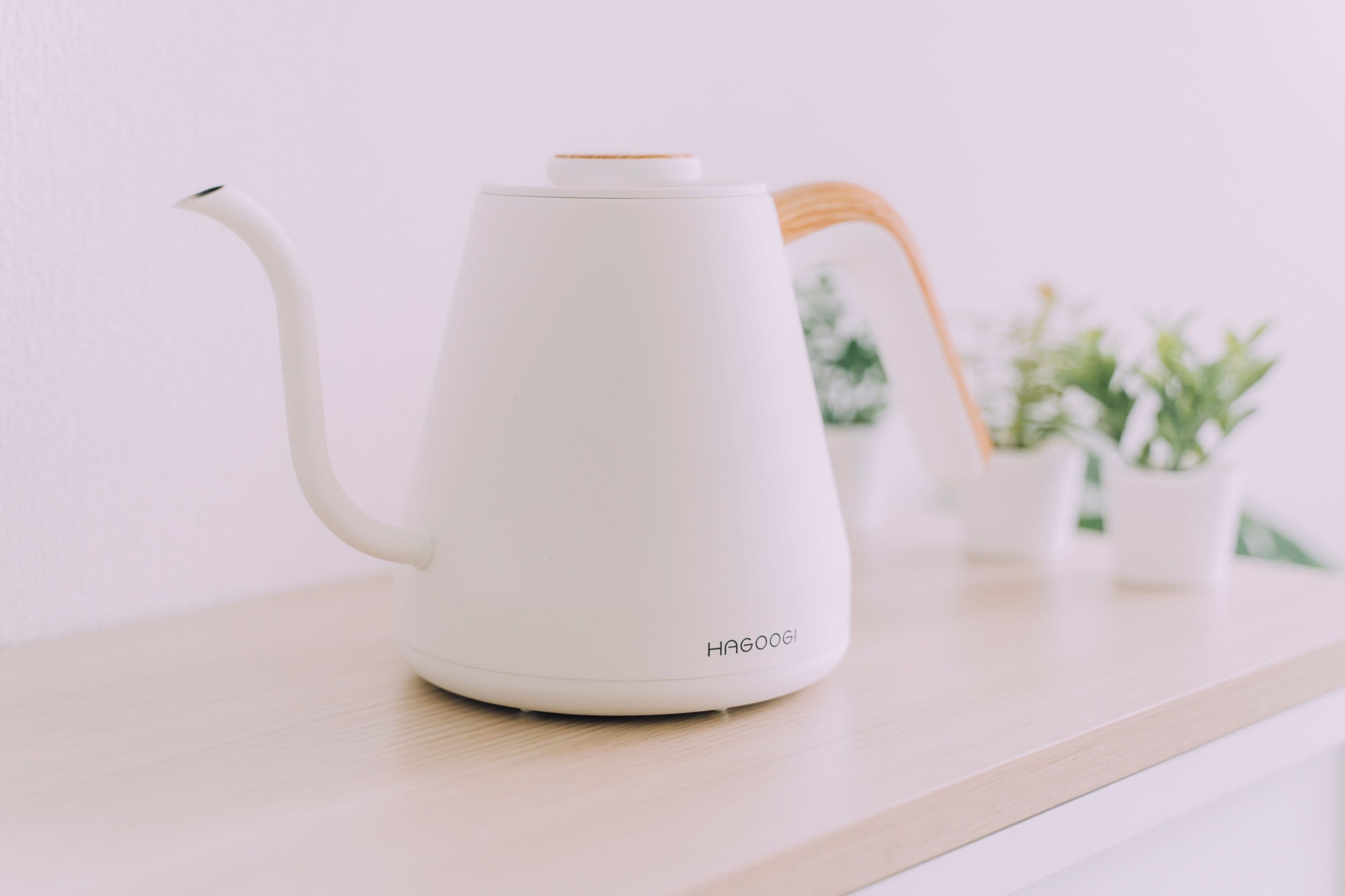 A white electric kettle on a wooden surface with a plant in the background.