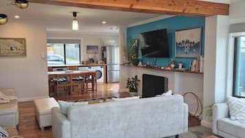 Smart TV, fireplace, books