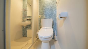 Hair dryer, slippers, towels, soap