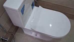A white toilet with a control panel, a bidet attachment, and a toilet paper holder on the wall. - Hotel RRR (Jakholi)
