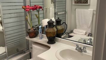 Hair dryer, towels, soap, toilet paper