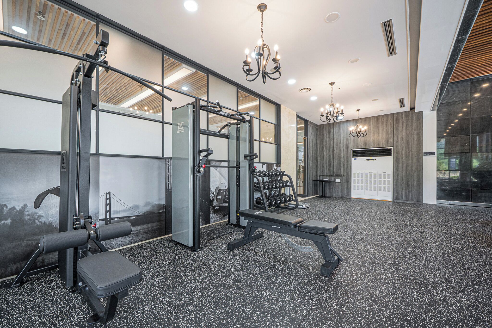 A gym with exercise equipment, large windows, and a chandelier.