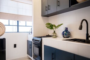 Fridge, microwave, oven, coffee/tea maker