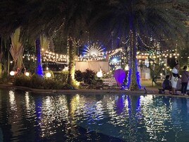 Zona junto a la piscina con luces colgantes, palmeras y una fuente de agua.
