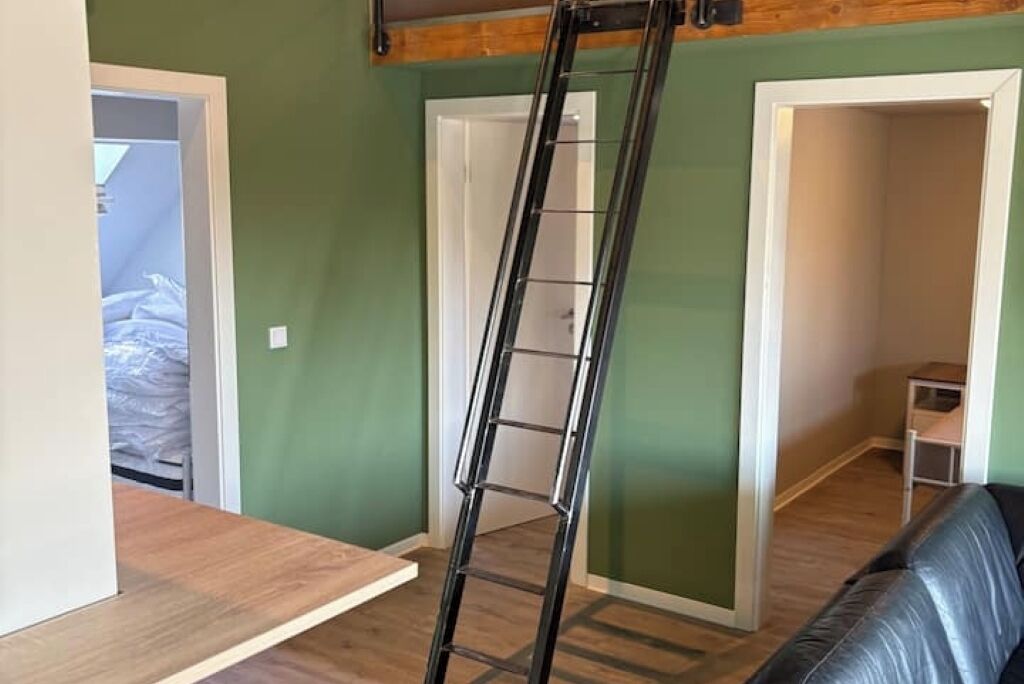 A room with a wooden floor, a black leather sofa, and a black metal ladder leaning against a green wall.