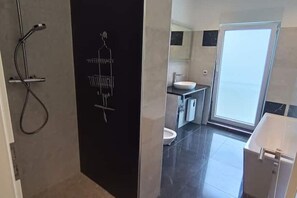 Douche, séchoir à cheveux, serviettes fournies, savon