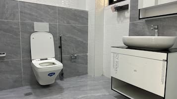 Regadera, secadora de cabello, bidet, toallas