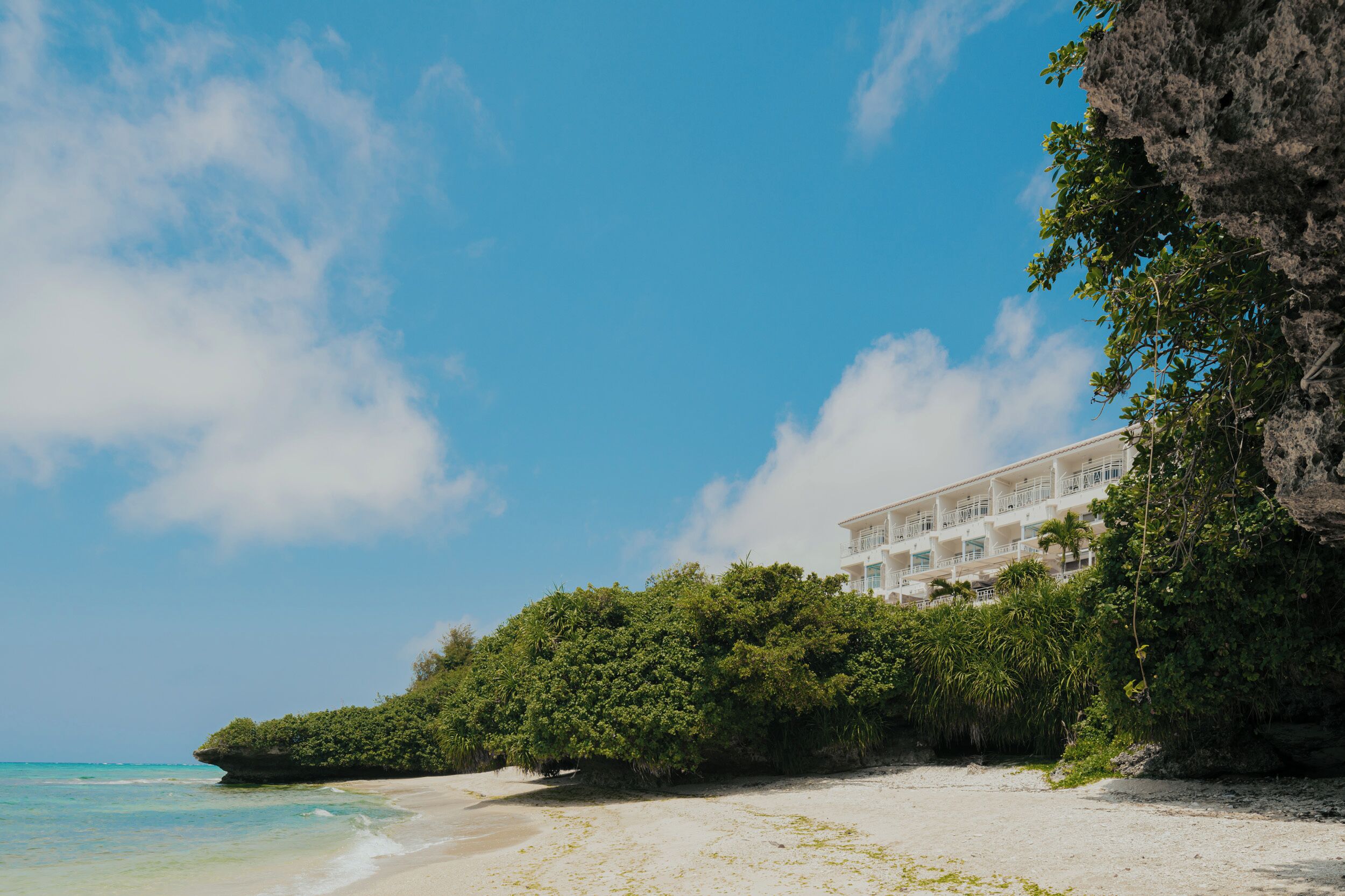 A beachfront hotel with a white exterior, lush greenery, and a clear blue sky.