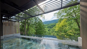 Ein klares Hallenbad mit Blick auf einen üppigen Wald und Berge.