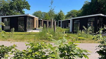 Een rij moderne, gelijkvloerse hutten met grote ramen, omgeven door weelderige begroeiing en bomen.