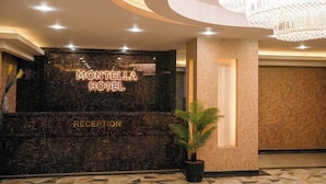 A reception desk with 'MONTELLA HOTEL' signage, a chandelier, and a potted plant. - MONTELLA HOTEL (Elbistan)