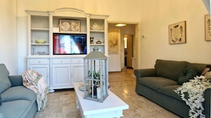 A living room with a television, two sofas, a coffee table, and decorative items.