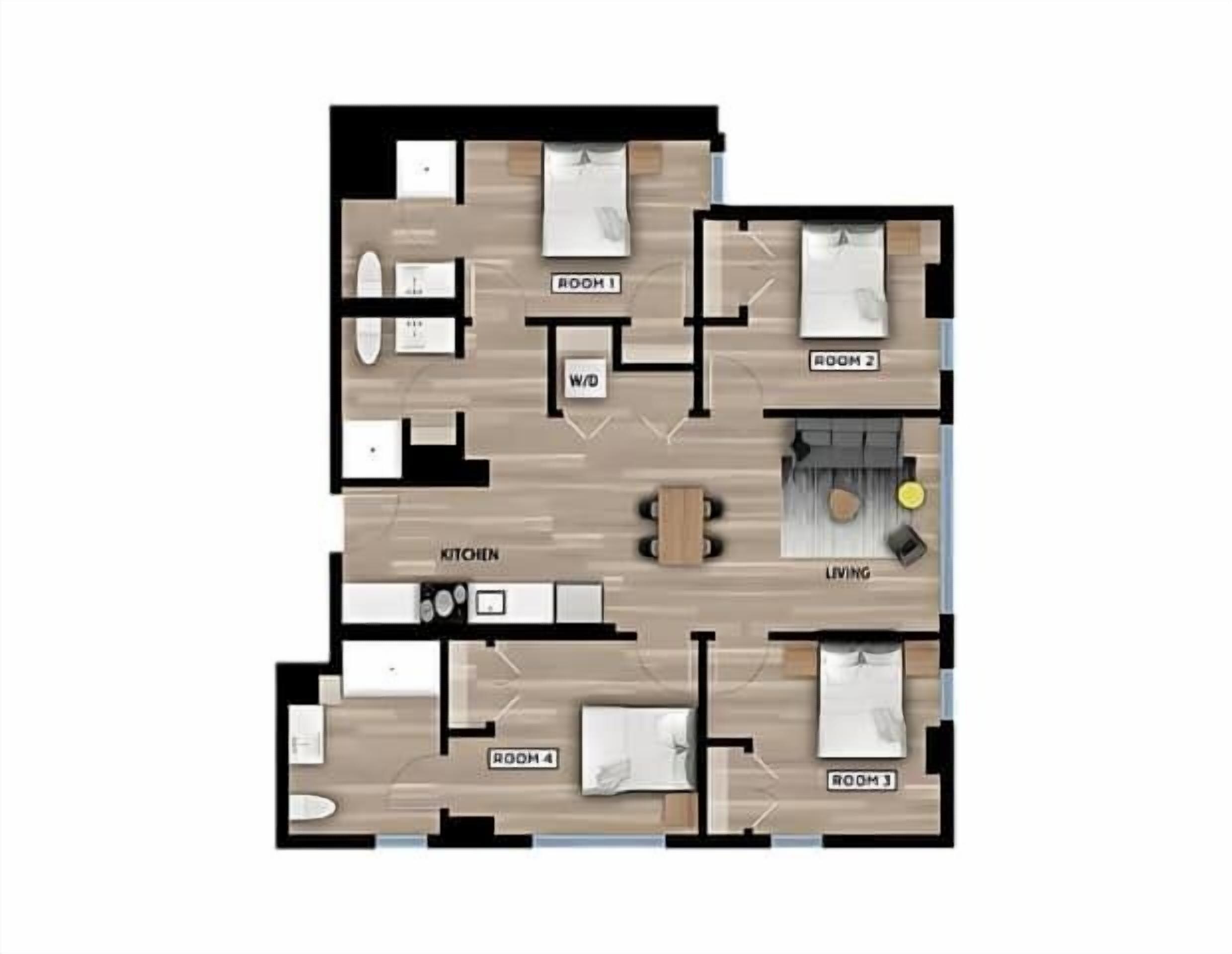Pianta di un appartamento con due camere da letto, cucina, soggiorno e due camere.