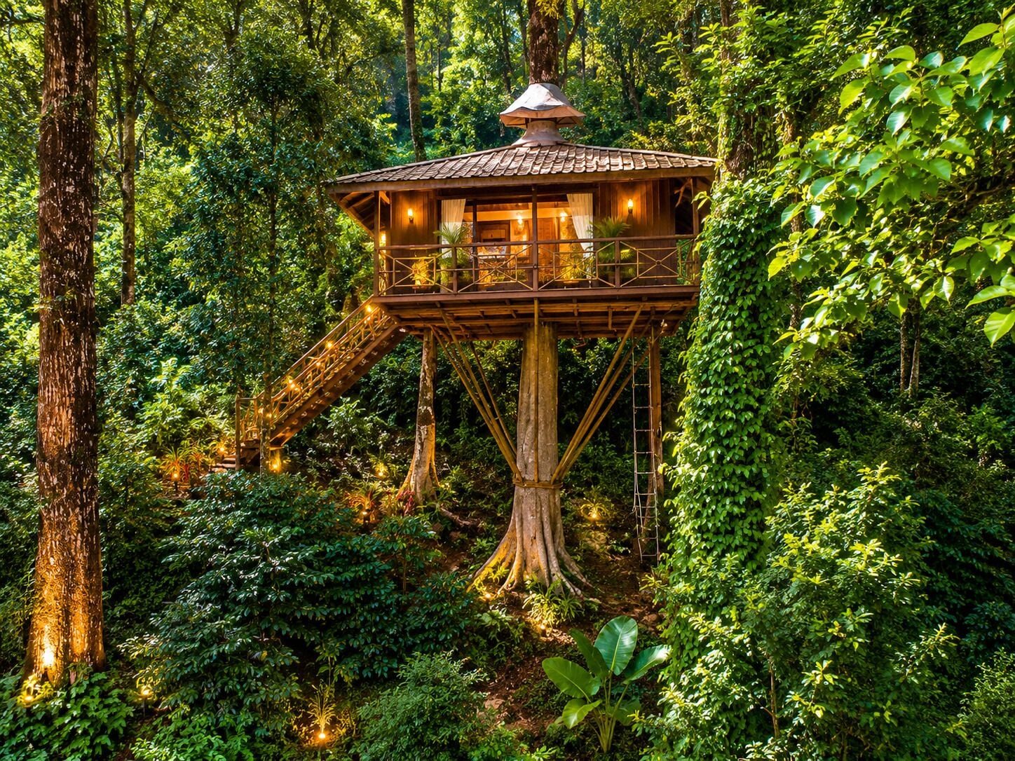 A treehouse with a wooden deck and a staircase, surrounded by dense forest.