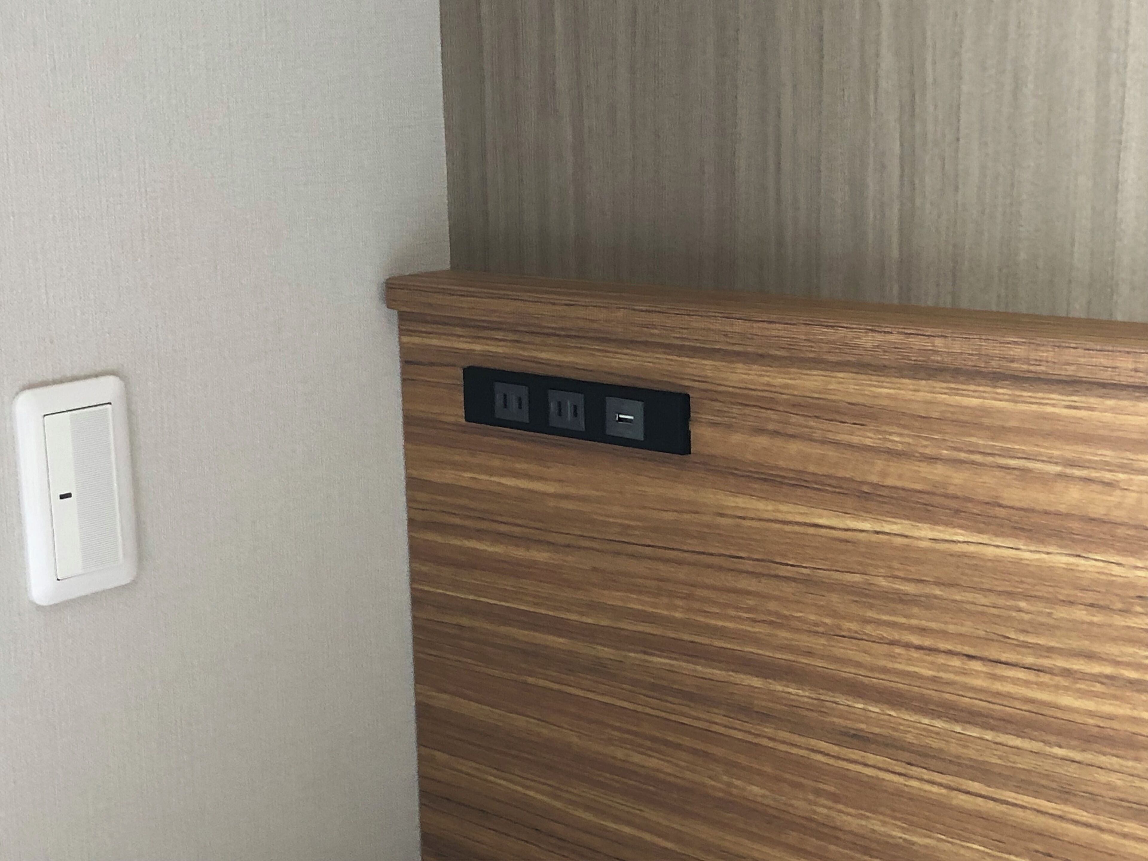 A wooden panel with a power outlet and a switch on a wall.