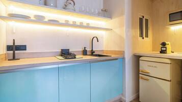 Una cocina compacta con lavabo, encimera y frigorífico integrado.