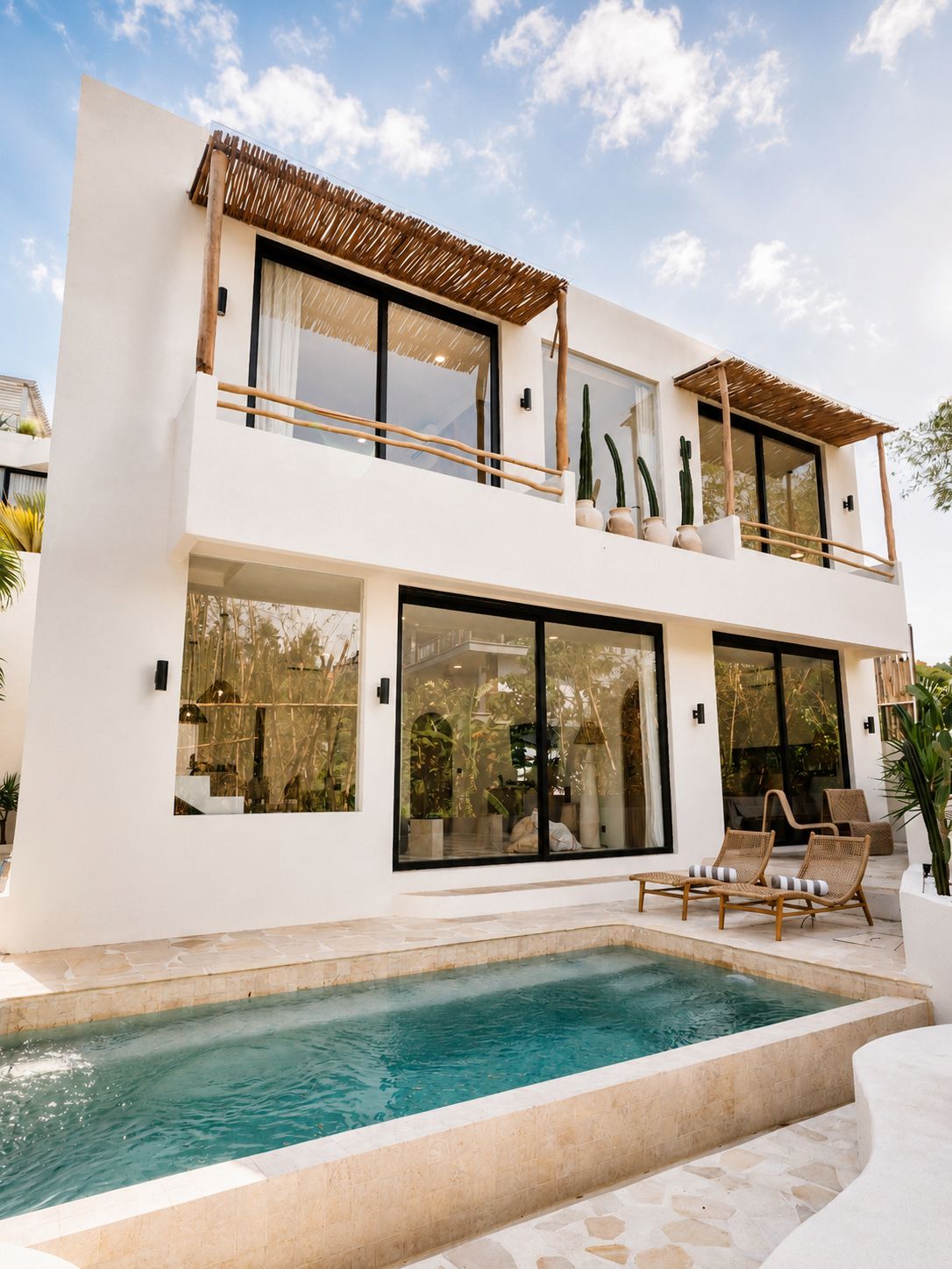 A modern two-story house with a swimming pool, large windows, and outdoor seating.