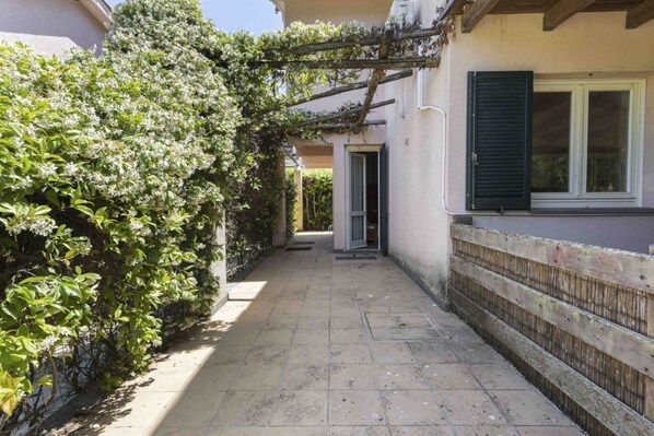 A narrow paved pathway leading to a building with a wooden fence on one side and a window with green shutters.