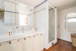 Shower, hair dryer, towels