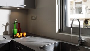 Deluxe Apartment 2 Bedroom with Terrace | Privát konyha | Nagyméretű hűtő/fagyasztó, mikrohullámú sütő, sütő és főzőlap