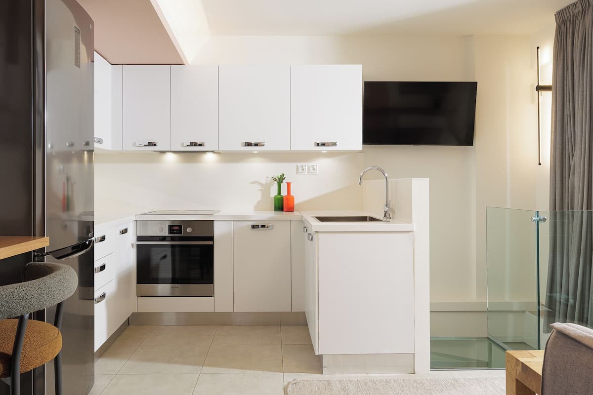 Deluxe 1 Bedroom Apartment with Garden View | Cuisine privée | Grand réfrigérateur, micro-ondes, four, plaque de cuisson