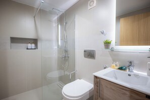 Dusche, Haartrockner, Hausschuhe, Handtücher