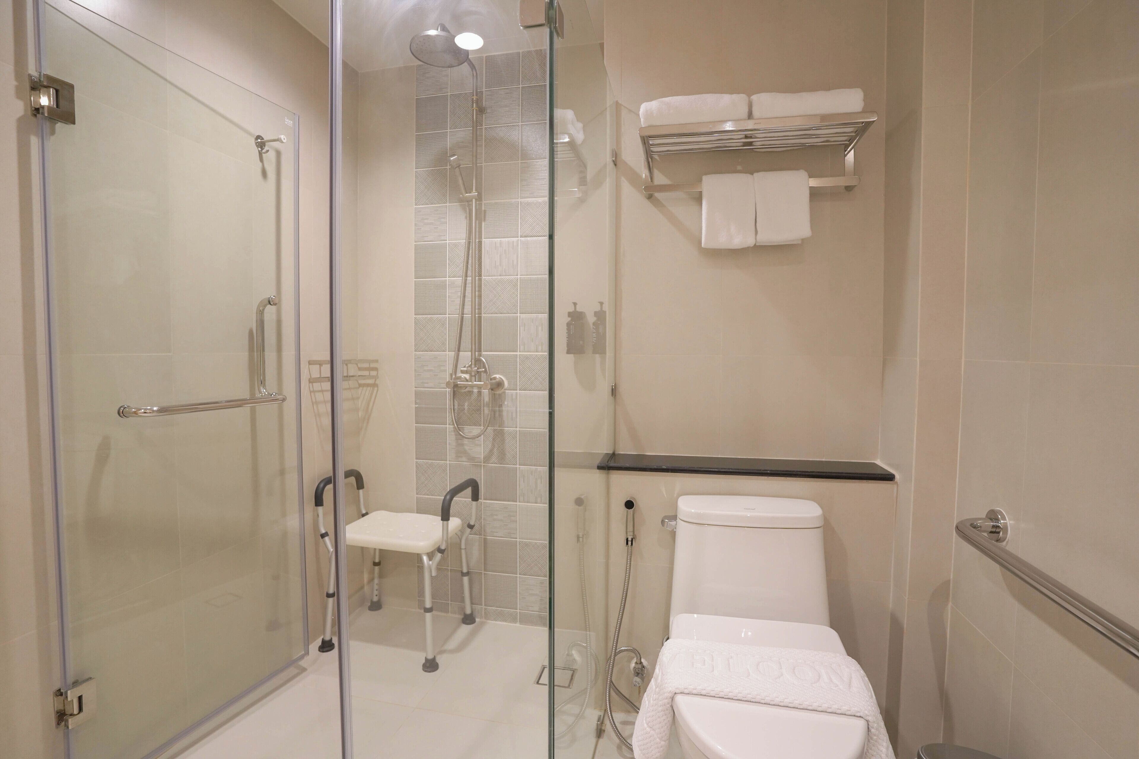 A modern bathroom with a glass-enclosed shower, a white toilet, and a handrail.