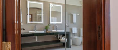 A modern bathroom with two sinks, a large mirror, and a glass partition.