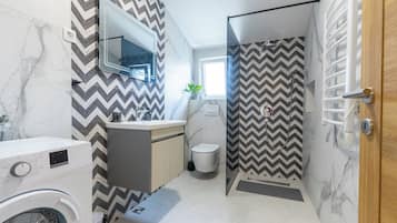 Shower, hair dryer, towels, soap