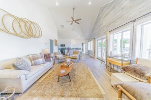 TV, fireplace, books, stereo