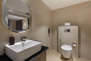 Shower, rainfall showerhead, hair dryer, slippers