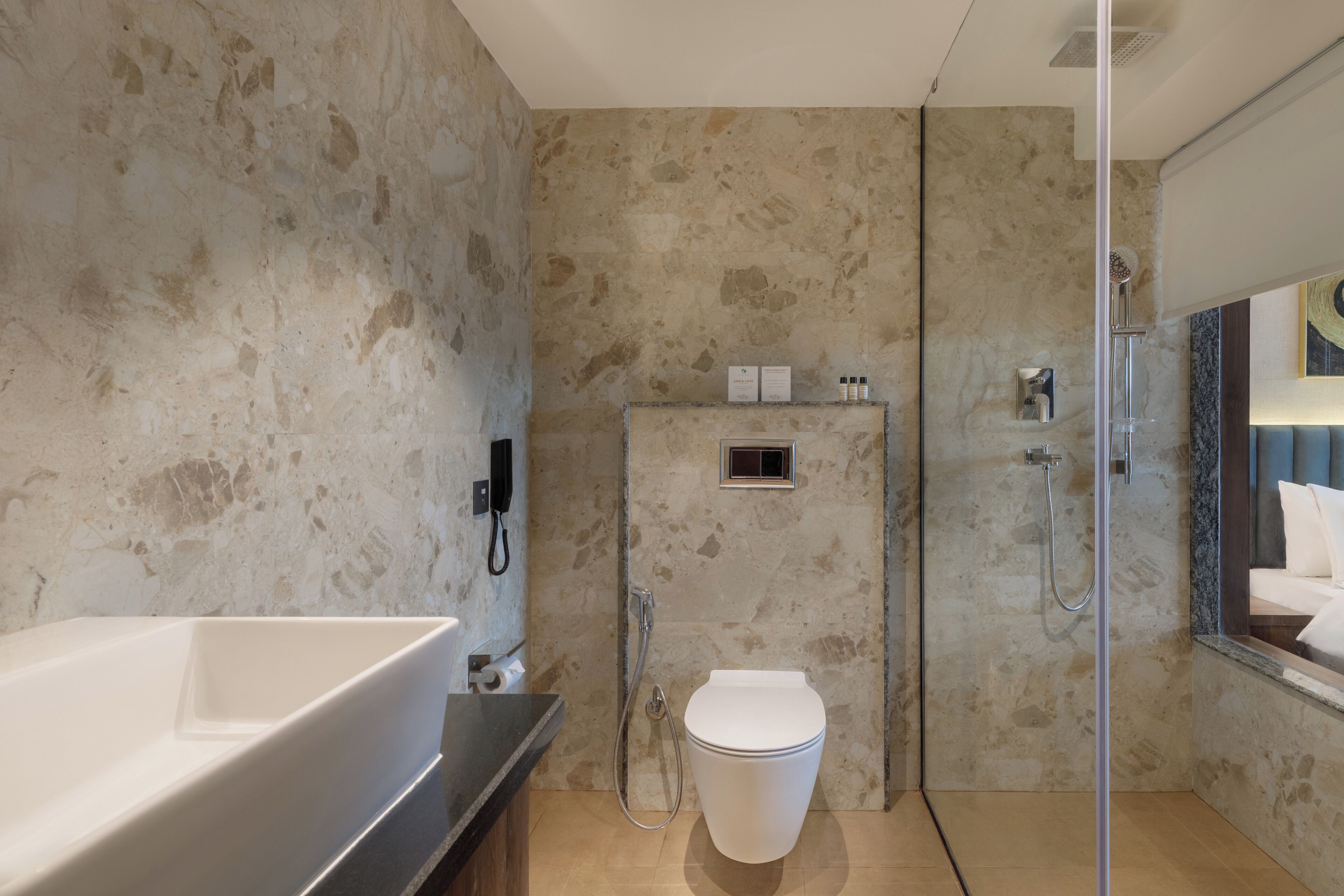 Shower, rainfall showerhead, hair dryer, slippers