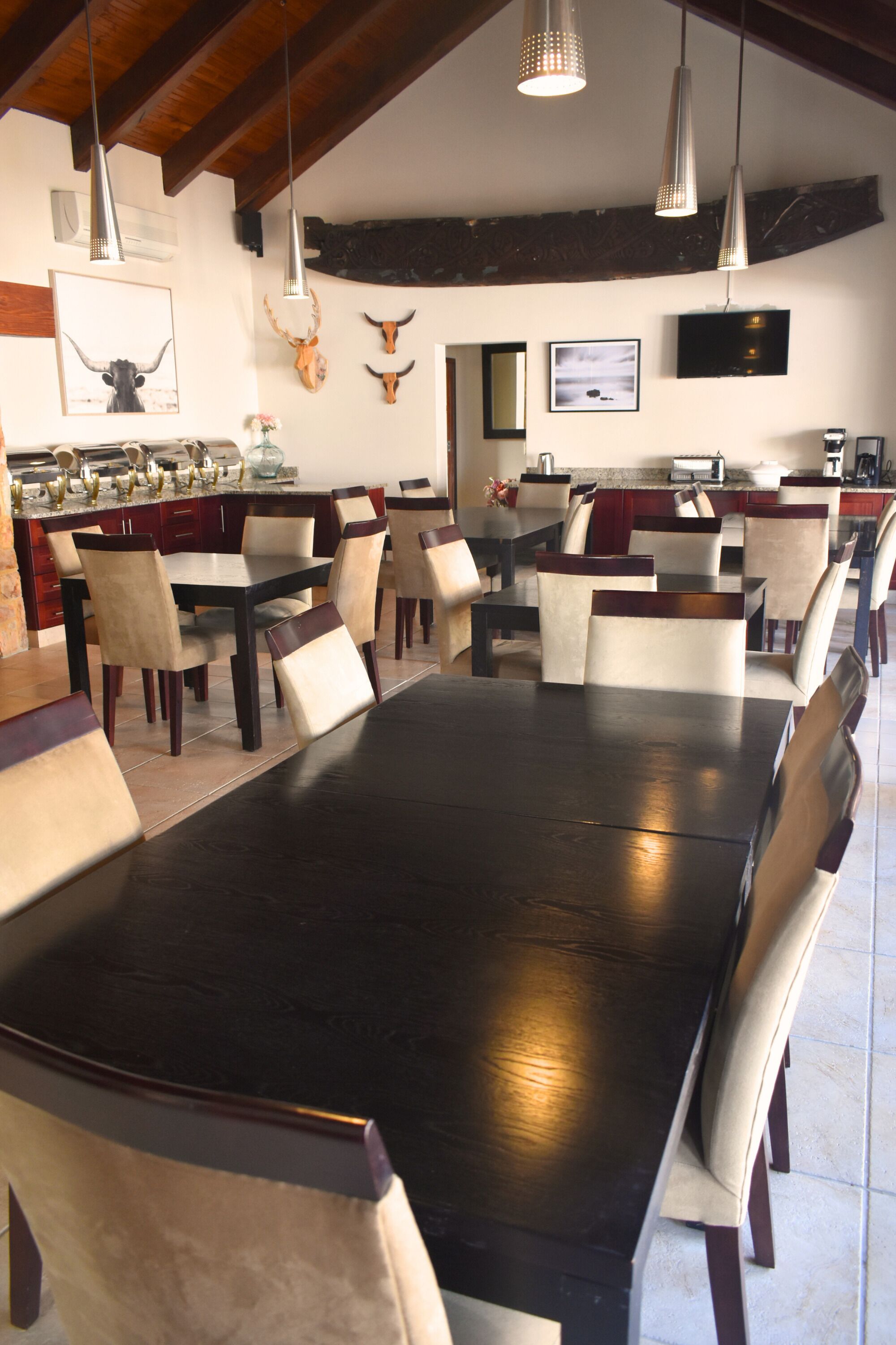 A spacious dining area with a long table and multiple chairs, a kitchen area with modern appliances, and decorative wall art including animal horns.