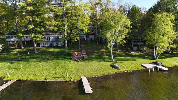 A lakeside property with a dock, a grassy area with a barbecue, and a row of houses.
