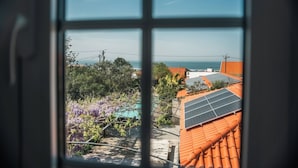 A view through a window of a residential area with solar panels on rooftops, a garden with purple flowers, and a clear sky.