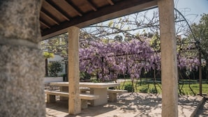 A covered outdoor area with a stone bench and table, surrounded by purple flowering trees.