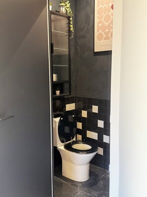 Hair dryer, towels, soap, toilet paper