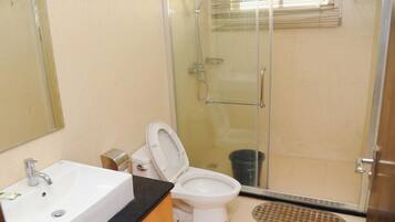 Un bany amb un lavabo blanc, un vàter i una zona de dutxa amb portes de vidre.