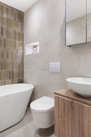 Shower, hair dryer, towels, toilet paper