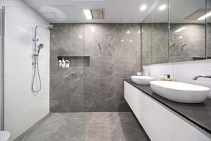 Shower, hair dryer, towels