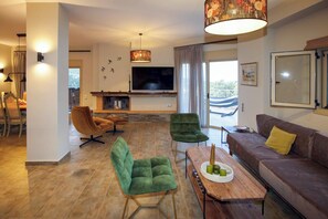 Smart TV, chimenea y libros 