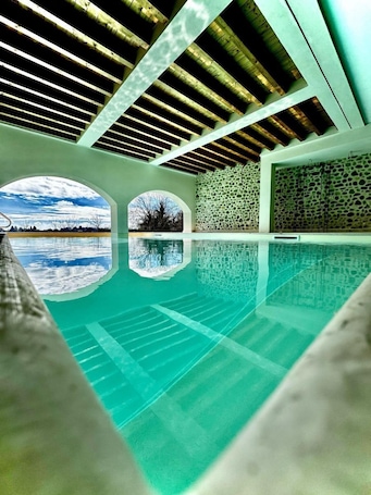 Indoor pool, outdoor pool, sun loungers