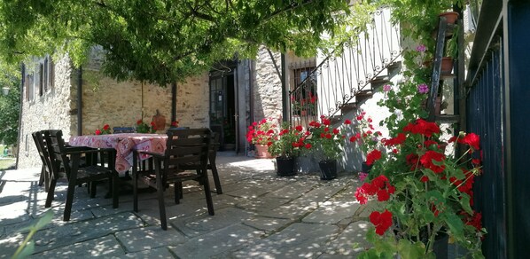 Outdoor dining - Cozy apartment in small hamlet, with pool and views of the Apuan Alps (Toscana)