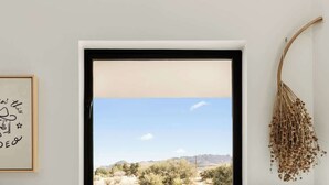 Une cuisine dotée d’une grande fenêtre, d’un four à micro-ondes et décorée avec un cactus.