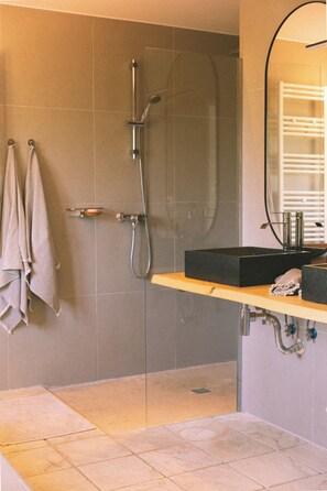 Ducha, secador de pelo, toallas, jabón