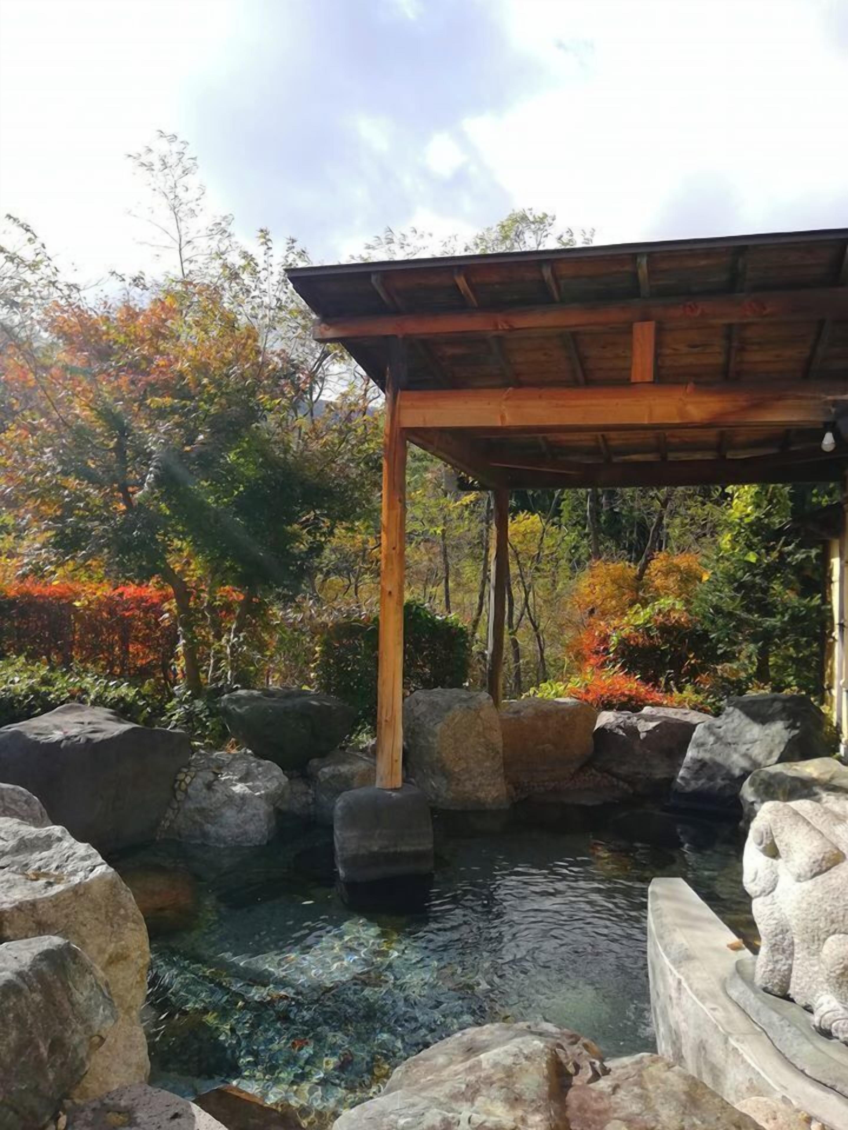 Un jardin japonais traditionnel avec un pavillon en bois, un bassin aux eaux claires et un feuillage automnal.