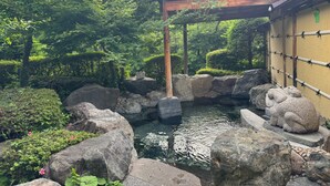 A traditional Japanese garden with a koi pond, large rocks, and a wooden pavilion. - Sasanoyu (Katashina)